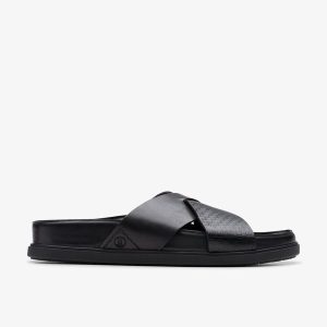 Mens Torford Cross Black Leather Flat Sandals